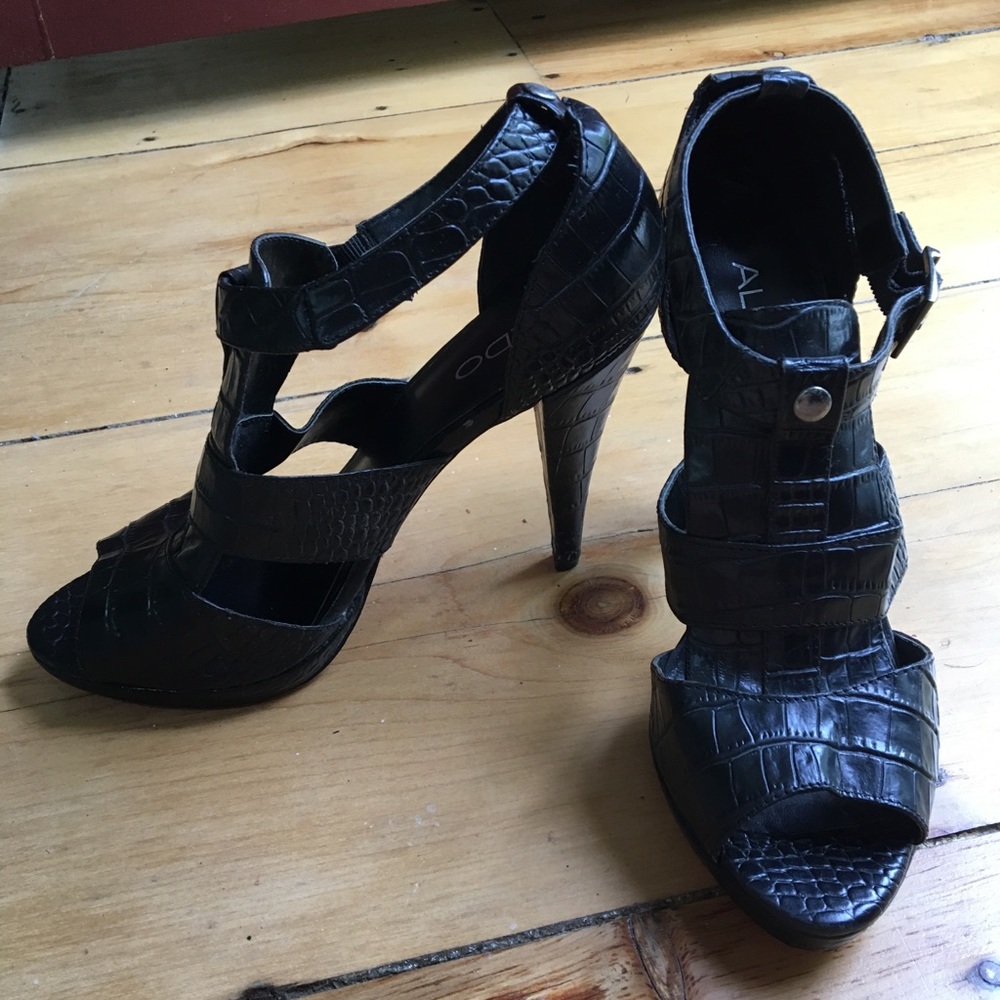 Aldo Black Snakeskin Leather Heel Sandals